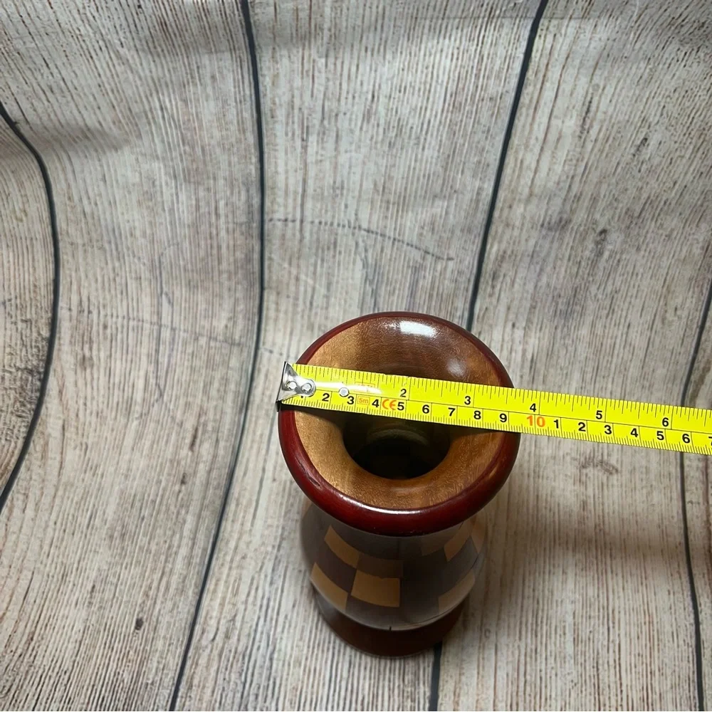 VTG Handcrafted Natural Wood Tones Checkered‎ Vase 9” Segmented Turned Wood Boho